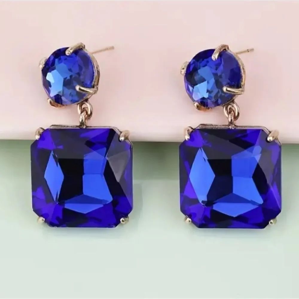 New Crystal Blue Square Drop Earrings - Picture 2 of 3